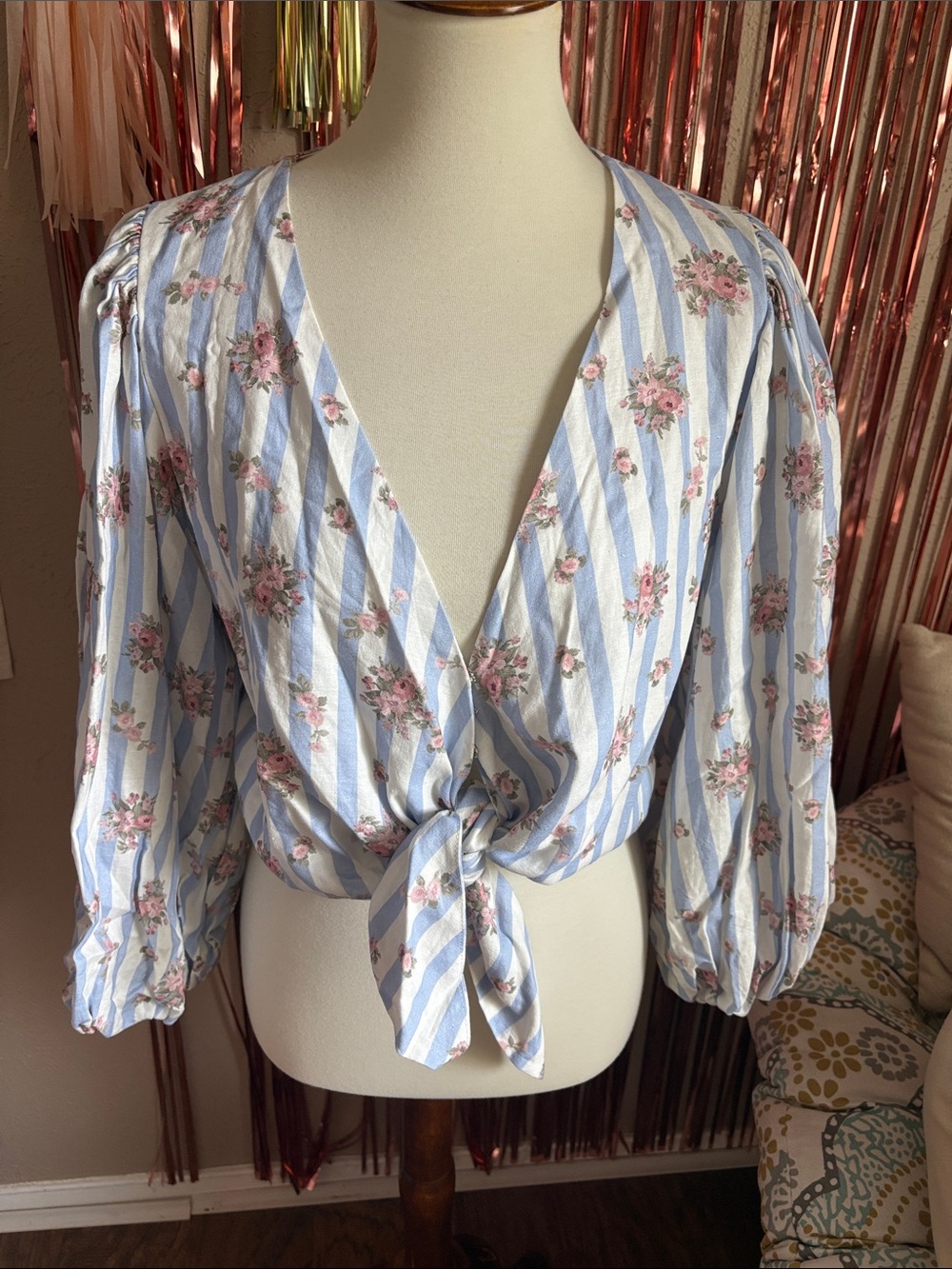 Show Me Your Mumu Striped Blue & White Floral Tie-Front Women's Top